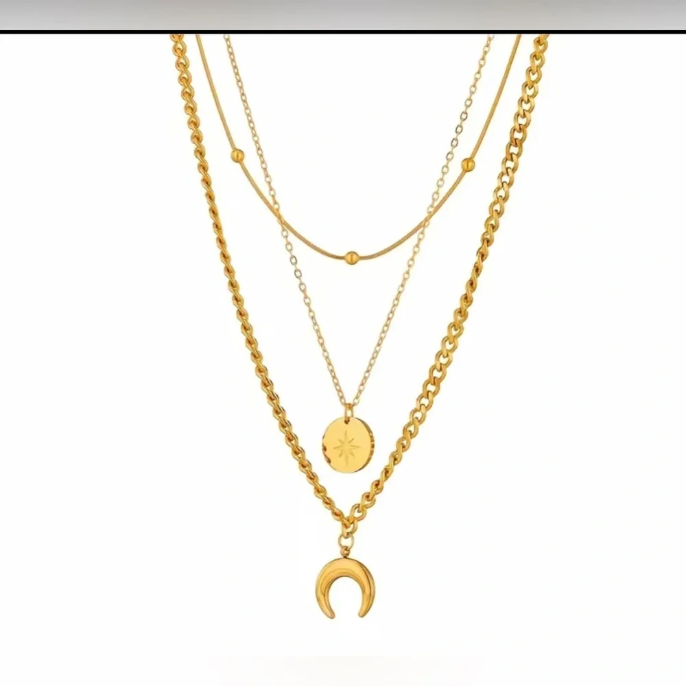 NWT Stainless Steel Geometry Star Moon Pendant Multi Layer Necklace - Picture 5 of 5